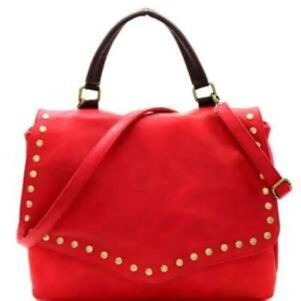 Stylish Brass-tone Studded Distressed Flap Satchel Women Envelope Evening Clutch